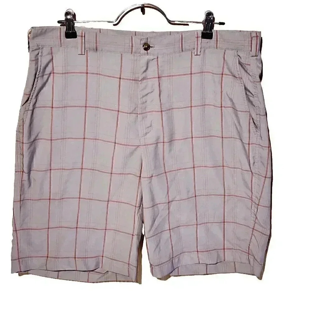 Mens Ping Golf Performance Shorts Size 36 Polyester Gray Maroon Plaid